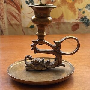 Antique Solid Brass Candlestick Serpent Koi Fish Round Base Chamberstick Style